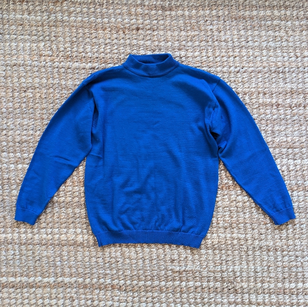 Vintage Fine Knit Merino Wool Mockneck Sweater Electric Blue Medium